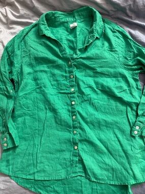 Sigrid Olsen 100% Linen Roll Tab Sleeve Button Down Shirt Green 1X Plus Size